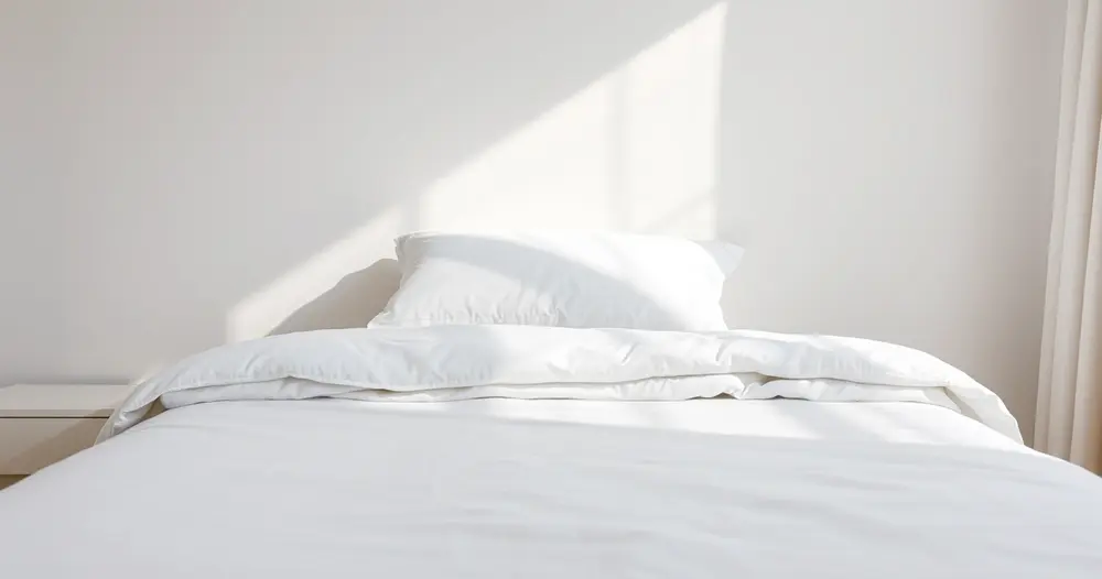 cama arrumada com roupa de cama branca e travesseiro firme em quarto claro