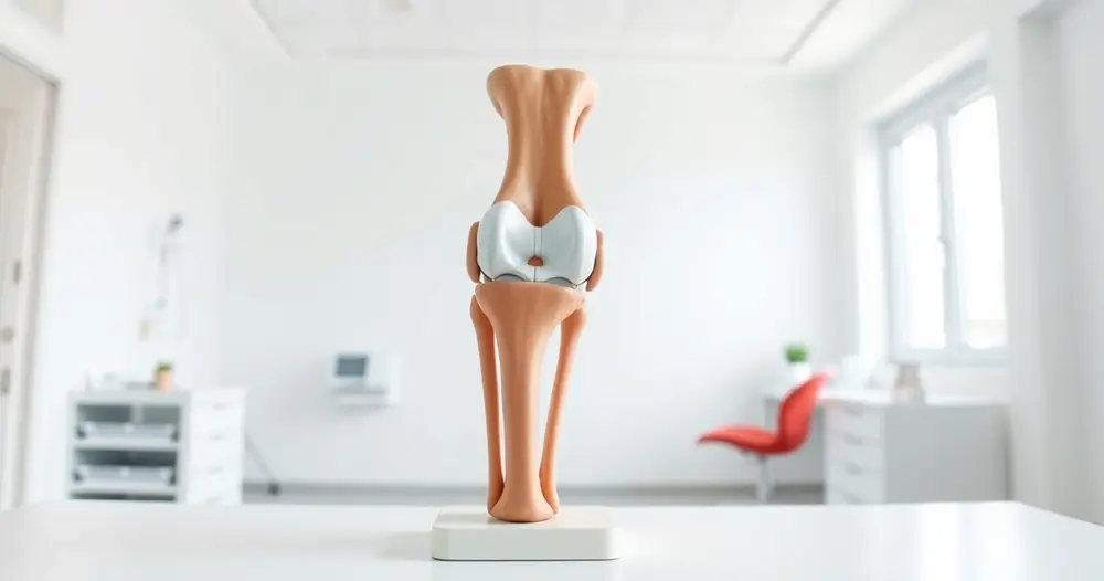 modelo anatômico de joelho visto por trás sobre mesa branca de consultório