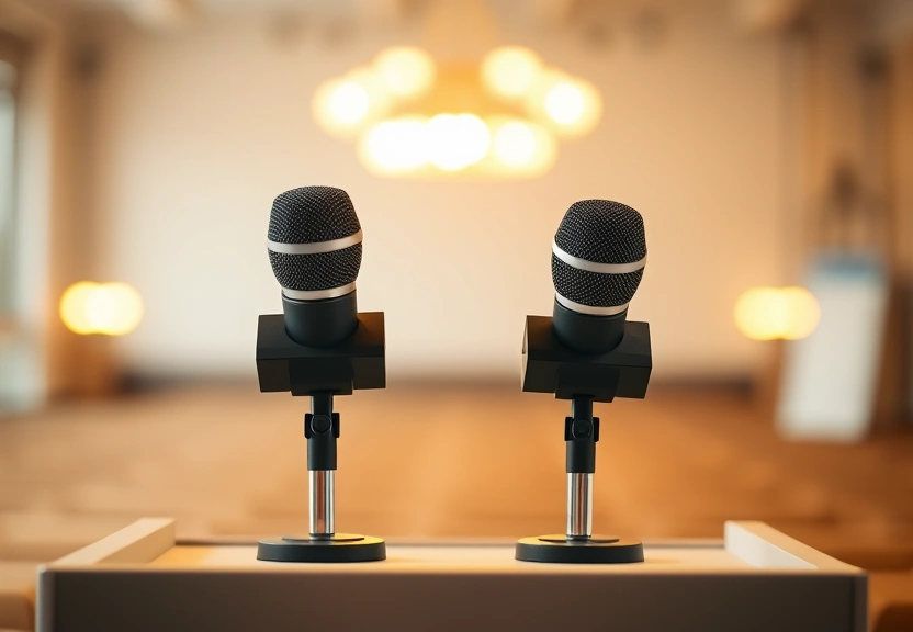 Dois microfones sobre um púlpito vazio, com a sala desfocada ao fundo