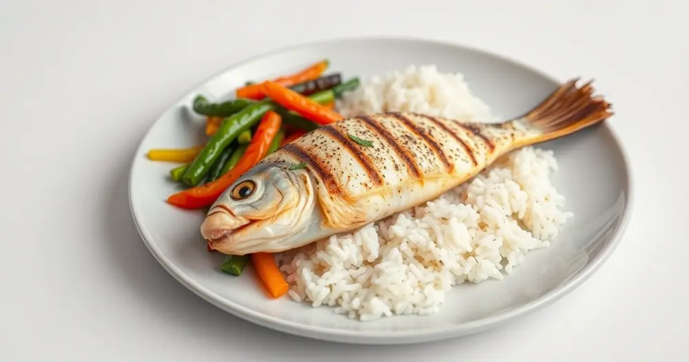 prato com peixe grelhado, legumes no vapor e arroz em mesa clara